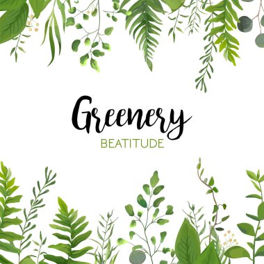 Vector floral greenery card design: Forest fern frond, Eucalyptus branch green leaves foliage herb greenery berry frame border. Wedding invite, poster invitation Watercolor hand drawn art illustration clipart