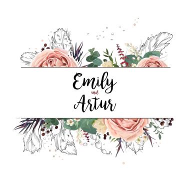 Vektör çiçek tasarım kartı boho sanat düğün suluboya davetiye kartı tasarım: Çiçek Bahçe pembe lavanta gül çiçek yeşil okaliptüs agonis yaprak elle çizilmiş satır tüyler, boncuk. Bohem çerçeve davet
