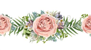 Vektör çiçek seamless modeli buket tasarım: pembe şeftali lavanta gül mum Çiçek Bahçe, okaliptüs şube yeşil fern palmiye yaprakları sulu berry illüstrasyon suluboya tasarımcının şirin kenarlık bölücü
