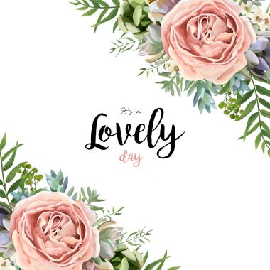 Vektör çiçek kartı çerçeve buket tasarımı Bahçe pembe şeftali lavanta gül mum çiçeği okaliptüs şube yeşil fern palm ile sulu berry illüstrasyon suluboya tasarımcı köşe sınır şablon bırakır