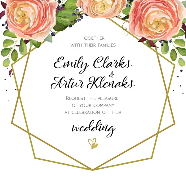 Wedding Invitation, floral invite card Design with pink peach rose Ranunculus elegant flowers, blue berry forest fern greenery bouquet, geometric golden border crown print. Vector cute garden greeting — Stock Vector