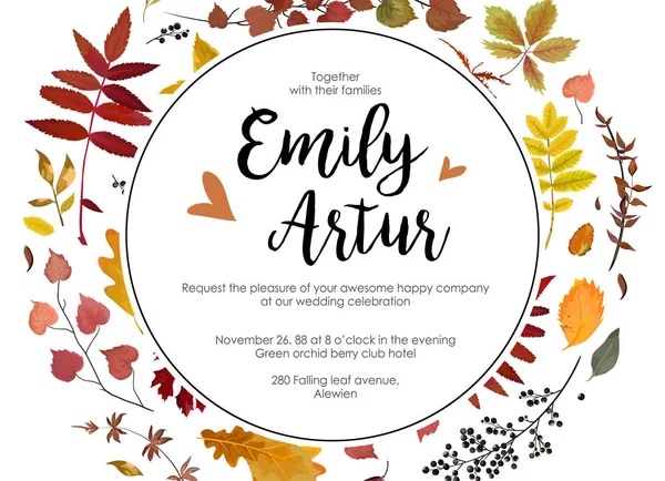 Wedding Autumn fall invite invitation floral watercolor style card design: colorful various orange yellow red leaves forest oak tree natural branch circle wreath Visit card postcard border, copy space — Stock Vector