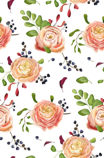 Vektor nahtloses Blumenmuster aus rosa rosa Hahnenfußblüten, grünem Farnblatt, blauer Beere. handgezeichneter Hintergrund im Aquarell-Stil. botanischer, dekorativer rustikaler Tapetendruck auf Weiß — Stockvektor