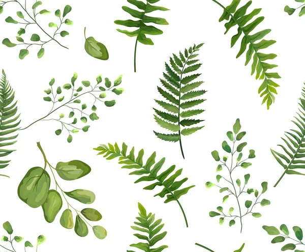 Seamless greenery green leaves botanical, rustic pattern Vector floral watercolor style design: forest fern frond leaf, herbs. Nature Wallpaper, natural texture, trendy print isolated white backgroun — Stock Vector