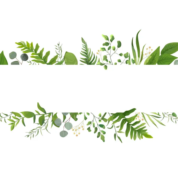 ベクトルフラワーグリーンカードのデザイン:森林シダの前ユーカリの枝緑の葉ハーブの緑黄色の果実のフレーム。結婚式招待ポスター招待水彩手描きイラスト — ストックベクタ