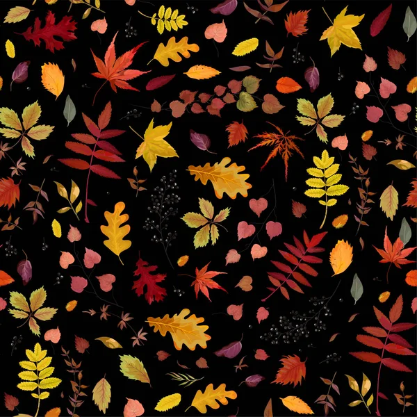 Jednolity wzór jesień wektor kwiatowy akwarela stylu: pomarańczowy, żółty brązowy czerwony jesień jarzębiny, liści dębu & jagody. Tapeta tekstura piękny, ładny modny jasnym druku na czarnym tle — Wektor stockowy