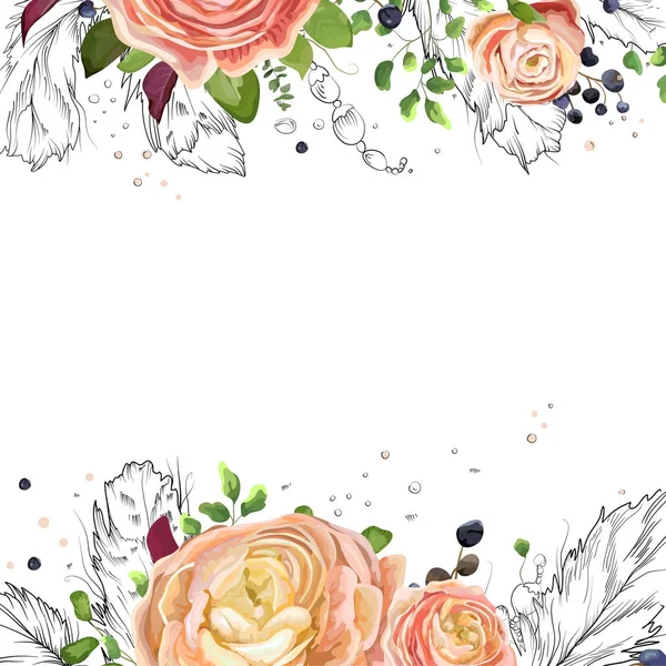 Diseño de tarjetas de acuarela floral vectorial: rosa melocotón rosa Ranunculus flores Eucalipto verde, hoja de helecho, línea de aves dibujado plumas gráficas marco borde. Vector linda invitación, postal, espacio de copia elegante — Vector de stock