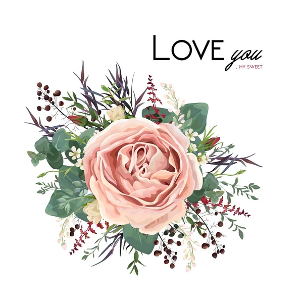 Vector floral watercolor style card design: Lavender antique pink powder garden Rose Eucalyptus seeded greenery, thyme agonis purple leaf berry bouquet element. Vector invite, poster lovely copy space — Stock Vector