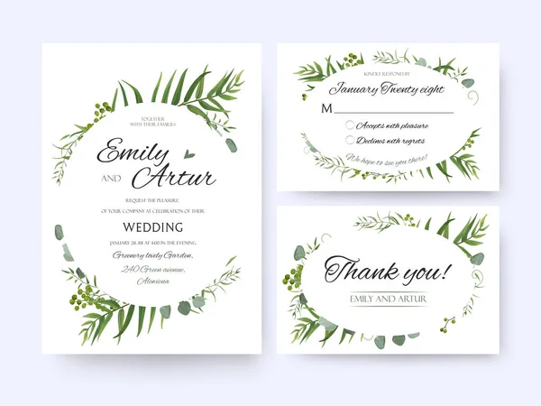 Wedding invite, invitation rsvp thank you card vector floral greenery design: Forest fern frond, palm leaf Eucalyptus branch green berries, foliage herbs elegant oval frame border. Watercolor cute set — Stock Vector