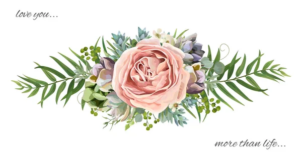 Vektor Blumenstrauß Design: Garten rosa Pfirsich Lavendel Rosenwachsblüte, Eukalyptuszweig grüne Farnpalmenblätter, Sukkulente Beere. Hochzeitsvektor laden Illustration Aquarell Designer niedlich elemen — Stockvektor