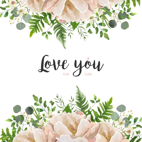 Tarjeta vectorial floral Diseño de ramo de flores con melocotón, polvo rosa Peonía, flores de cera eucalipto, hoja de helecho verde, mezcla de hierbas de bayas. Saludo linda plantilla elegante con espacio de texto. Invitación boda licitación — Vector de stock