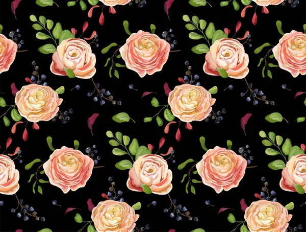 Vector Seamless floral pattern of pink rose ranunculus flowers, greenery fern leaf berry.  Hand drawn background in watercolor style. Nature decorative rustic chic wallpaper paper print isolated black Royalty Free Stock Illustrations