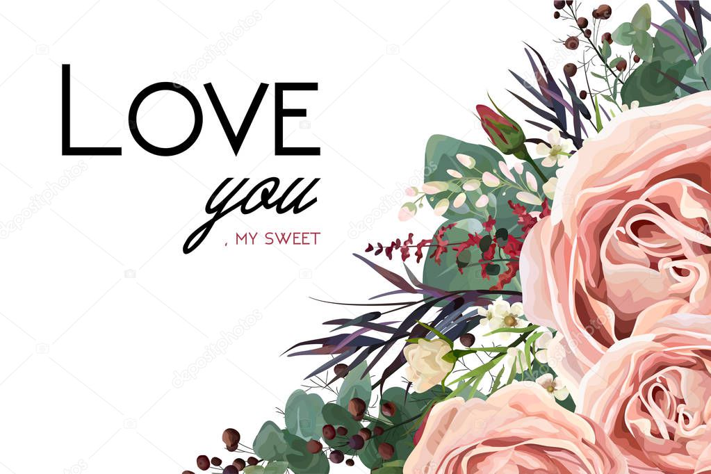 Vector floral watercolor style card design: Lavender antique pink garden Rose Eucalyptus greenery, thyme agonis colorful leaf berry frame border. Vector bohemian vintage wedding invite & love you tex