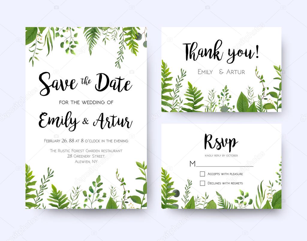 Wedding invite, invitation menu rsvp thank you card vector floral greenery design: Forest fern frond, Eucalyptus branch green leaves foliage, herbs greenery leaf frame border. Watercolor template set