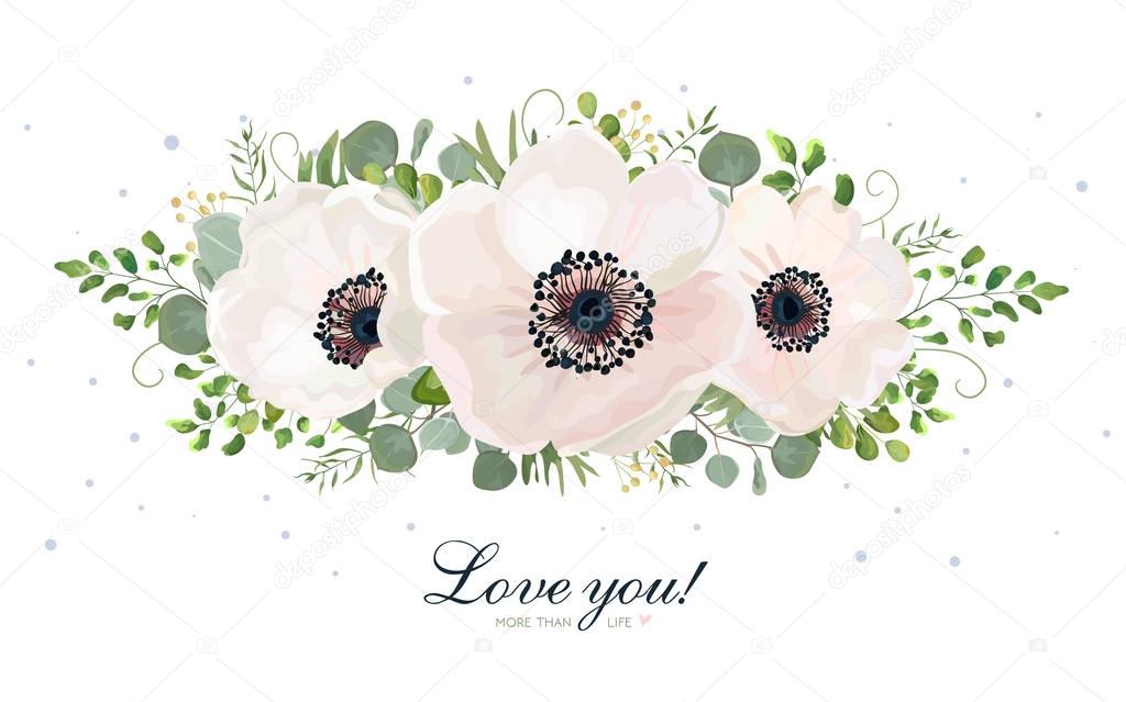 Flower Bouquet vector watercolor design element. Peach, pink white rose Anemone flower, wax, eucalyptus, green fern leaf, berry mix. Greeting lovely floral delicate elegant lovely card with copy space