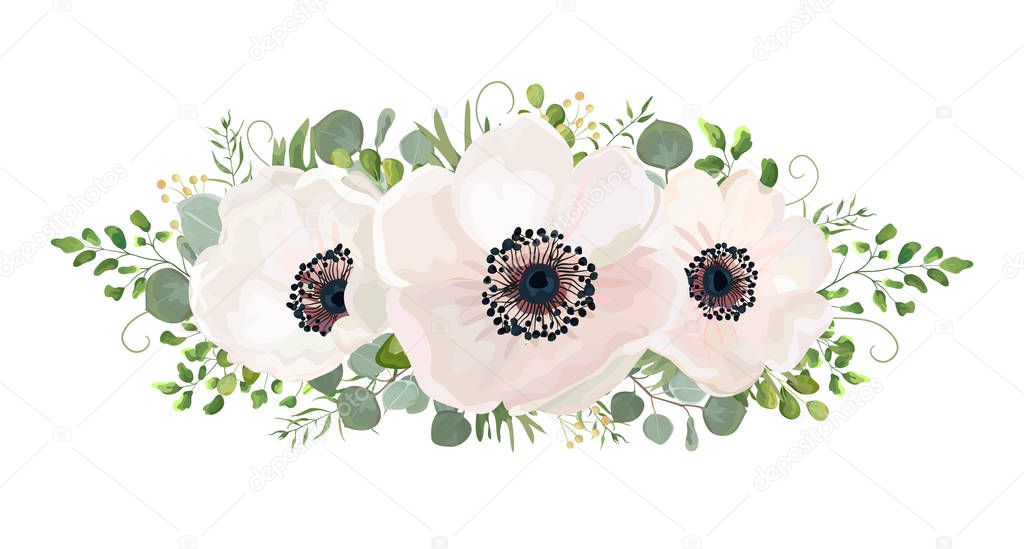 Flower Bouquet vector watercolor design element. Peach, pink white rose Anemone flower, wax eucalyptus green fern leaf, berry mix. Greeting lovely floral card elegant. All elements isolated & editable