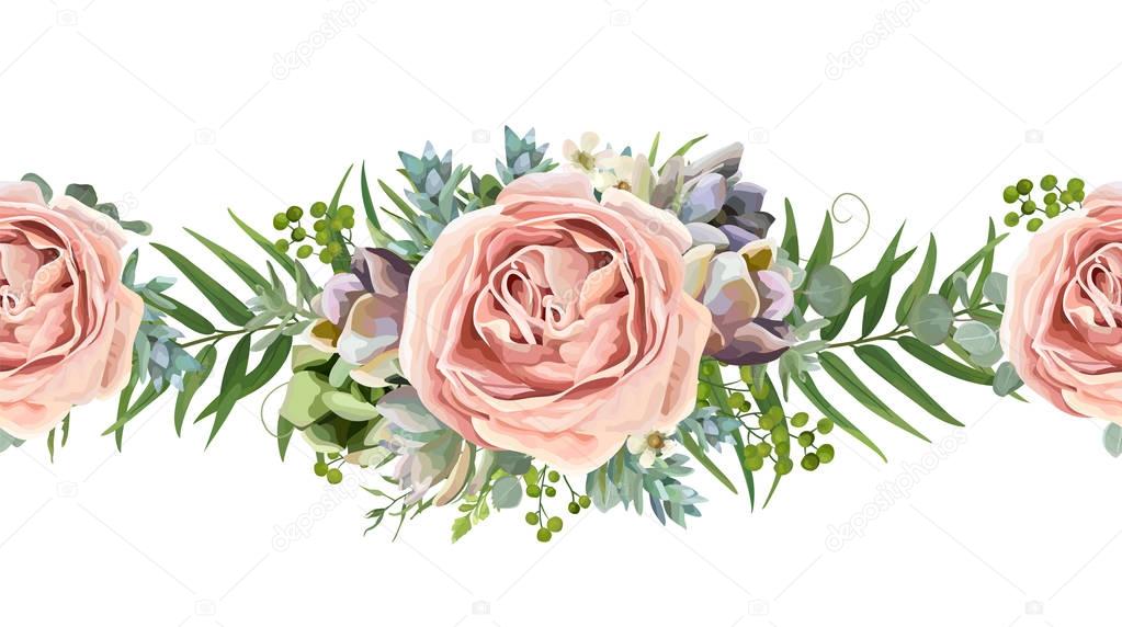 Vector floral seamless pattern bouquet design: garden pink peach lavender Rose wax flower, Eucalyptus branch green fern palm leaves succulent berry illustration Watercolor designer cute border divider