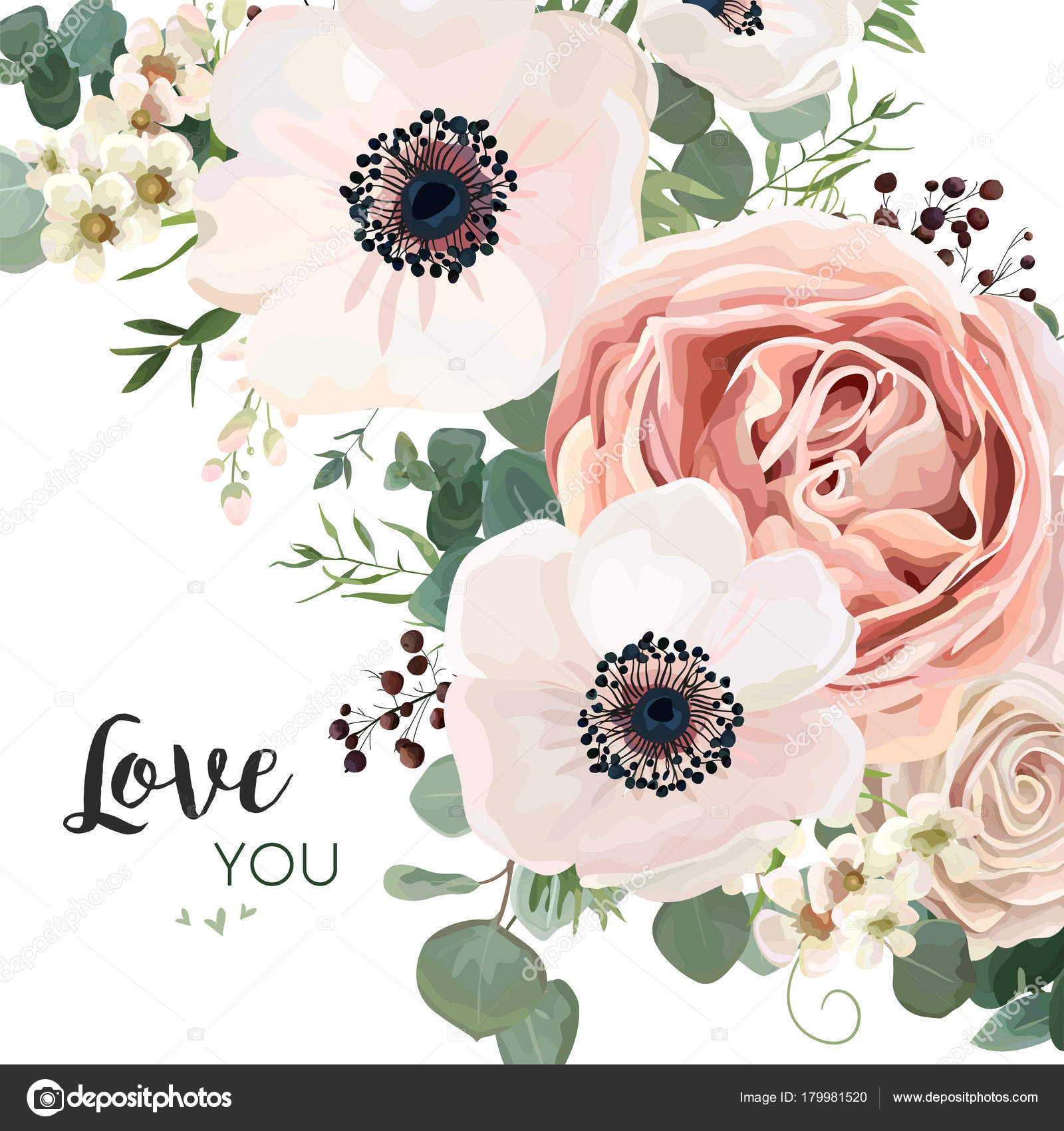 Scheda floreale disegno vettoriale giardino fiore rosa pesco rosa bianca Anemone cera verde eucalipto foglie