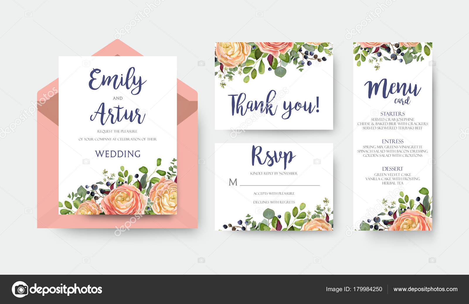 Wedding Invite Invitation Menu Thank You Rsvp Card Vector Floral