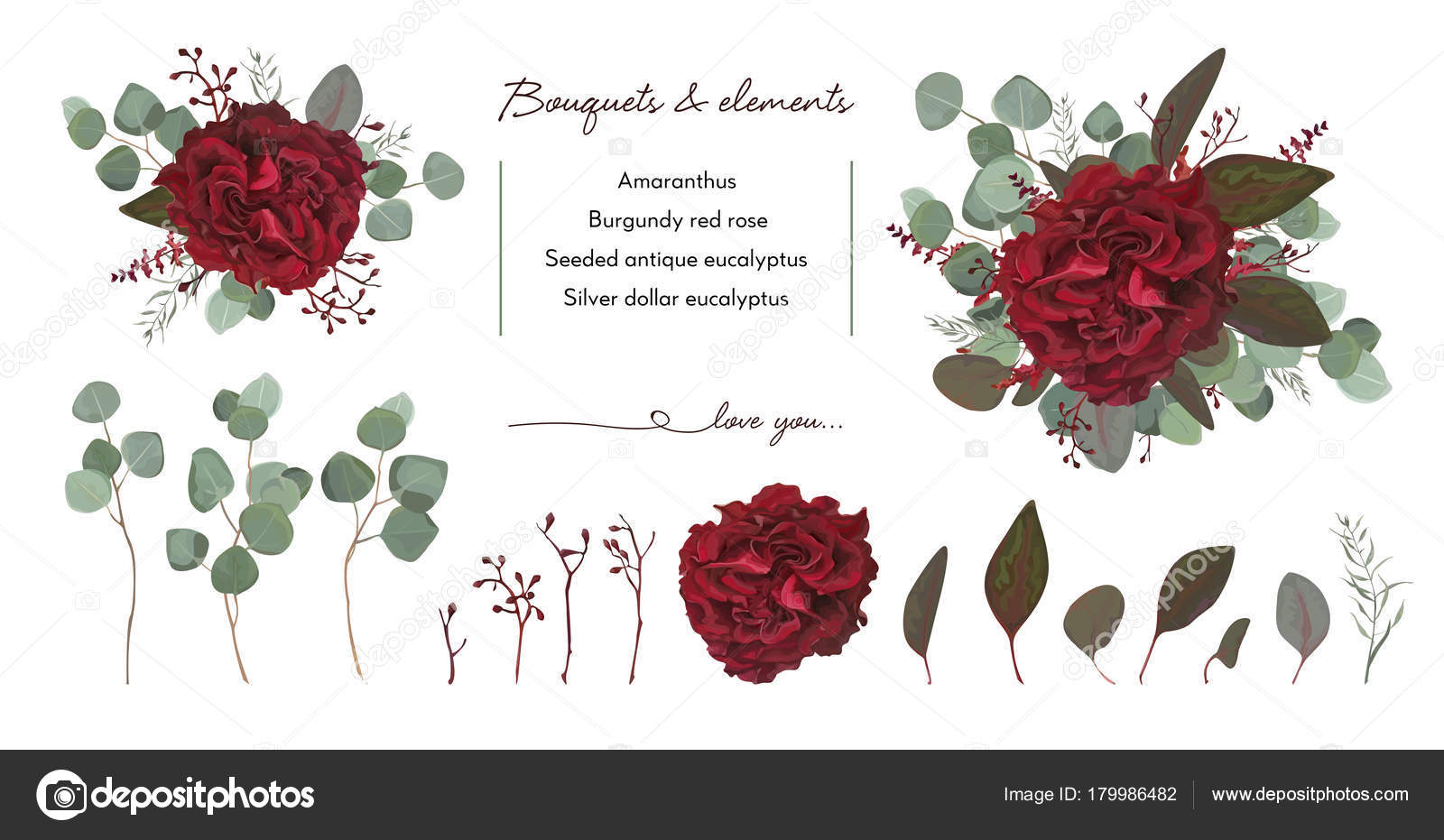 Vector Floral Bouquet Design With Garden Red Burgundy Rose Flower Seeded Eucalyptus Branch Silver Green Fern Leaves Watercolor Designer Editable Elements Set Marsala Wedding Invite Card Postcard Vector Image By C