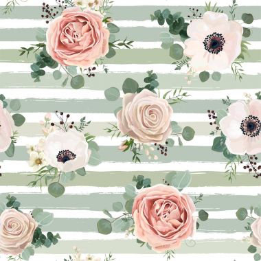 Dikişsiz desen vektör çiçek suluboya tasarım: Bahçe toz Beyaz pembe Anemone çiçeği gümüş okaliptüs yeşil kekik ot balmumu yeşil yaprakları berry. Rustik arka plan mavi yeşil soluk baskı elimden