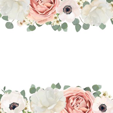 Vektör çiçek kartı tasarım çiçek buketi, şeftali, pembe toz beyaz gül, Şakayık balmumu okaliptüs yeşil dal ve yaprak yeşillik mix çiçekler. Zarif kenarlık çerçeve ve kopya alanı. Düğün ihale davet