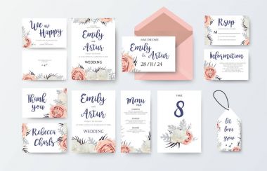 Düğün davet, davet menü, teşekkür ederim, rsvp, etiket kartı vektör çiçek tasarım pembe şeftali bahçe gül, beyaz Şakayık çiçeği, agonis dusty miller miller yaprağı deseni ile. Suluboya zarif büyük ayarlayın
