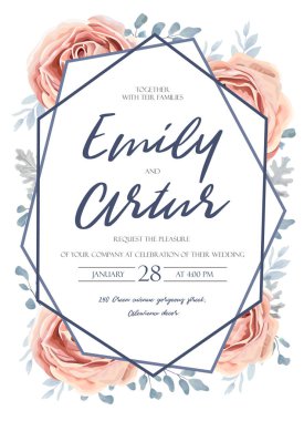 Düğün davet, davet, kaydetmek tarihi kart tasarımı: pembe şeftali bahçe gül çiçek, fern yeşil orman buket ve geometrik çerçeve mavi dusty miller bırakır. Vektör ihale rustik kartpostal düzenlenebilir bir şablona