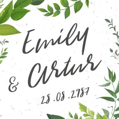 Wedding invite, invitation, save the date card Design with watercolor hand drawn art green color leaves, greenery, foliage forest bouquet, frame. Vector rustic elegant postcard illustration template  clipart