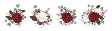 Vektör çiçek buketi tasarım: Bahçe kırmızı bordo gül beyaz Şakayık çiçeği amaranthus okaliptüs şube yeşil yaprakları berry. Vektör davet kartı suluboya tasarımcı düzenlenebilir öğe düğün paketi ayarla