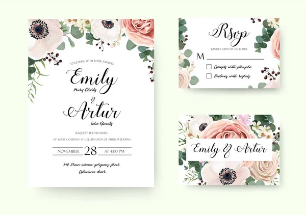 Wedding Invitation Floral invite Rsvp cute card vector set: garden lavender pink peach Rose white Anemone wax green Eucalyptus thyme leaves romantic trendy greenery forest bouquet rustic print - Stok Vektor