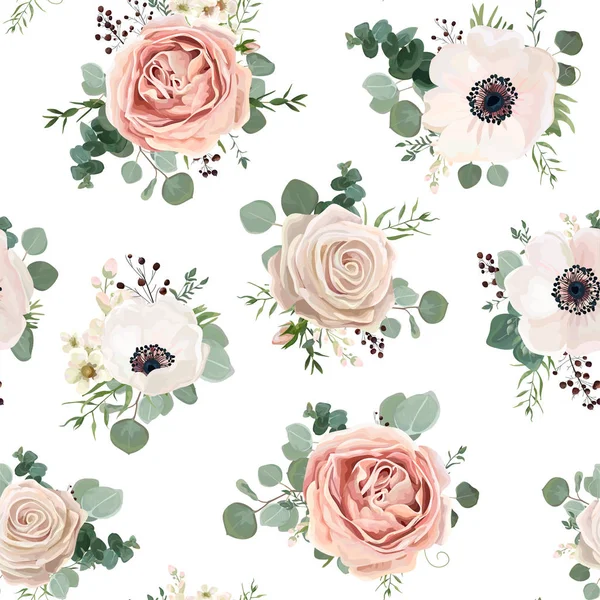 Naadloze patroon Vector floral aquarel stijl ontwerp: tuin poeder wit roze Anemone bloem zilveren Eucalyptus tak groene tijm wax bloemen groen laat berry. Rustieke romantische achtergrond afdrukken — Stockvector