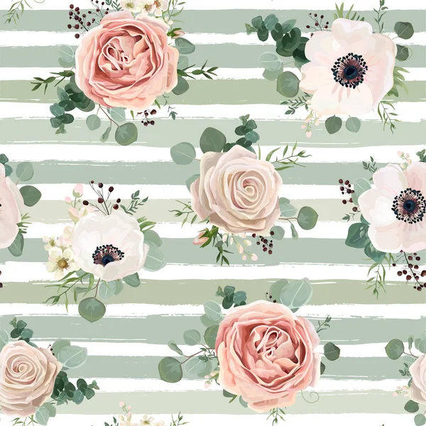 Motif sans couture Motif vectoriel aquarelle florale : jardin poudre blanc rose fleur d'anémone argent Eucalyptus vert thym herbe cire feuilles de verdure baie. Fond rustique rayé bleu vert pâle imprimé — Image vectorielle