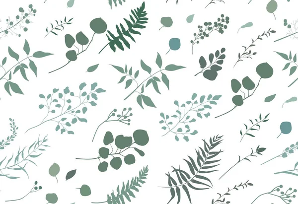 Naadloze patroon van Eucalyptus palmboom fern verschillende gebladerte natuurlijke takken, groene bladeren, kruiden, bessen tropische hiel hand getrokken silhouet aquarel Vector schoonheid elegante achtergrond op wit — Stockvector