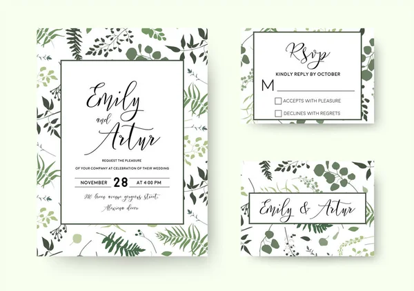 Convite de casamento, convite vetor de cartão rsvp design de silhueta floral verde: palmeira samambaia, folhagem de ramos naturais, folhas verdes, ervas, bagas de salto tropical mão silhueta desenhada Conjunto de aquarela —  Vetores de Stock