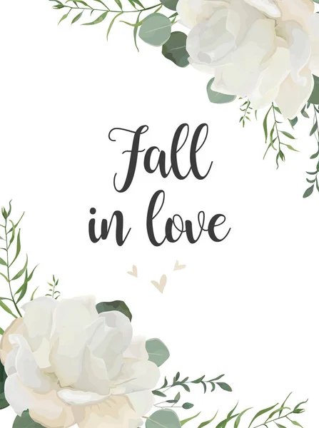 Διάνυσμα floral κάρτα ακουαρέλα σχεδιασμός: Rose σκόνη λευκή λουλούδι ευκάλυπτος πράσινο κλαδί μικροσκοπικά άνοδο λουλούδια πράσινο φύλλα βότανο χέρι συρμένα σύνορα ρουστίκ ρομαντικά καρέ γάμο καλέσει, καρτ-ποστάλ. Χώρο αντίγραφο — Διανυσματικό Αρχείο