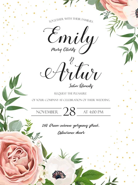 Bröllop blommig inbjudan inbjudan kortdesign: Rose rosa lavendel blomma, vita anemoner, vax, Eucalyptus gren grönska bladen akvarell stil, rustik, delikat grön årsdagen utrymme mall — Stock vektor
