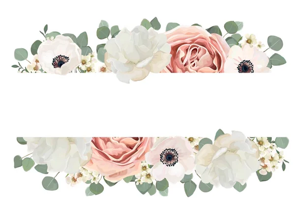ベクトル花カード デザイン花束を花桃のピンクの粉と白いバラ 牡丹ワックス グリーン ユーカリの枝 葉緑のミックスの花します エレガントな境界線フレーム コピー スペース 結婚式の招待本公開買付け — ストックベクタ