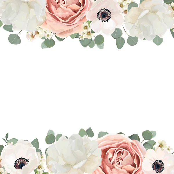 Vektör çiçek kartı tasarım çiçek buketi, şeftali, pembe toz beyaz gül, Şakayık balmumu okaliptüs yeşil dal ve yaprak yeşillik mix çiçekler. Zarif kenarlık çerçeve ve kopya alanı. Düğün ihale davet