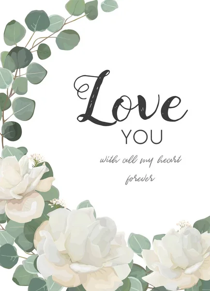 矢量花卉设计卡。白玫瑰粉牡丹花, 桉树枝叶和绿叶混合花环花束。明信片, 婚礼邀请模板。框架与 "爱你" 引述。可爱的复制空间 — 图库矢量图片