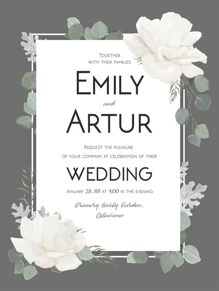 Vector floral wedding invitation, invite, save the date card design with Flower Bouquet of white Roses peony, eucalyptus branches dusty miller silver leaves herb. Elegant, tender cute template on gray — Stock Vector