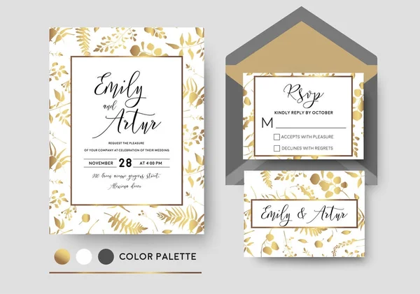 Wedding invite, invitation, rsvp poscard vector stylish chic floral design; golden foil print pattern of forest leaves, palm, fern fronds, eucalyptus branches, herbs mix. Luxury, printable elegant set — Stock Vector