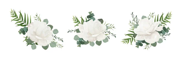 Conjunto de ramo floral vectorial de peonía en polvo blanco de jardín, flor de rosa, hojas de palma de ramas de eucalipto y mezcla de hierbas verdes. Acuarela elegantes elementos de diseño para el diseño. Aislado y editable — Archivo Imágenes Vectoriales