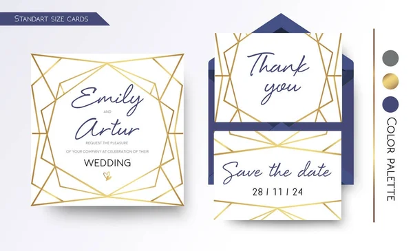 Приглашение на свадьбу, сохранить дату, спасибо приглашаем дизайн карты с простой, геометрической золотой фольгой границы шестиугольная рамка. Векторный набор современных абстрактных шаблонов — стоковый вектор