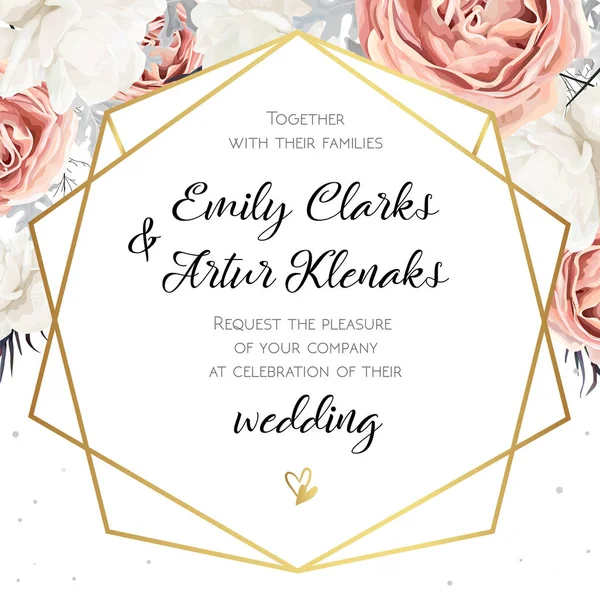 Vector floral wedding invitation invite card design with Flower Bouquet of Peach, white Rose Peony, dusty miller leaves & golden geometric line frame. Elegant, tender cute template. Copy space — Stock Vector