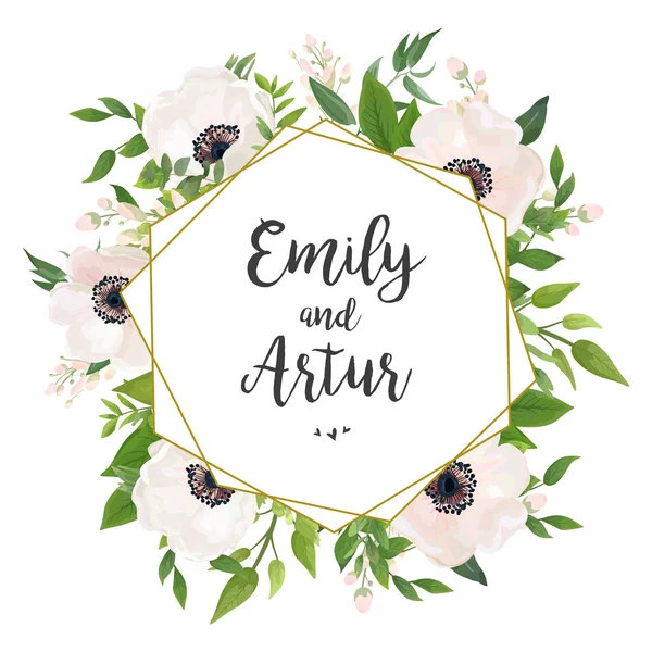 Düğün davet, davet, kaydetmek tarihi kart tasarımı: beyaz pembe Anemone haşhaş çiçek, yeşil yaprakları, okaliptüs yeşil yeşillik orman buket ve altın geometrik folyo çerçeve. Vektör rustik kartpostal düzeni