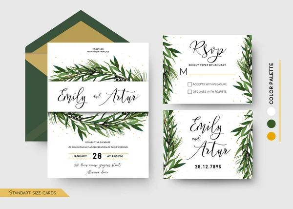 Convite de casamento salvar a data, rsvp convidar cartão Design: Pine spruce árvore verdura ramos Eucalyptus folha verde & grinalda de baga, fronteira, impressão e brilho dourado. Modelo de celebração floral vetorial —  Vetores de Stock