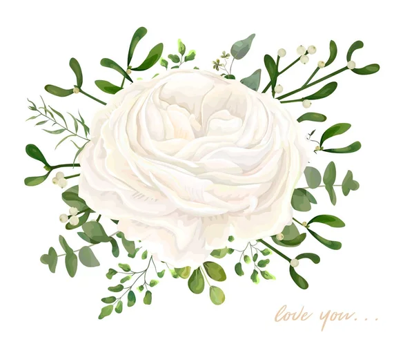 Vector floral bouquet design: garden white creamy Ranunculus Ros — Stock Vector