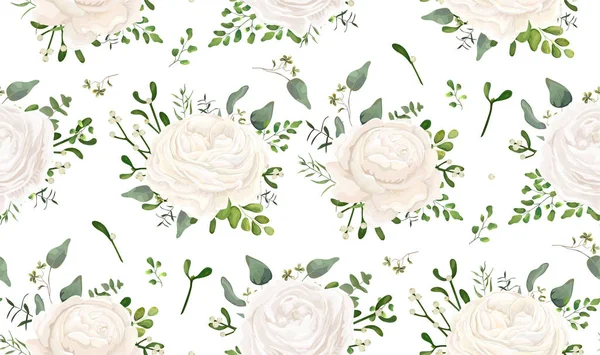 Seamless pattern Vector floral watercolor style design: garden white Ranunculus, rose flower, seeded Eucalyptus branch, green fern, mistletoe greenery leaves & berry. Rustic romantic background print — Stock Vector