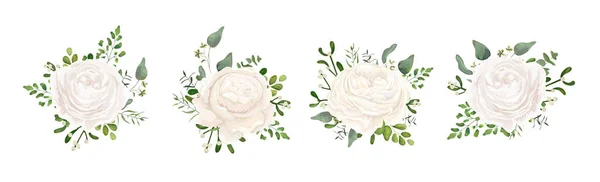 Diseño de ramo floral vectorial: jardín blanco Ranunculus, flor de rosa, helecho, eucalipto, rama de muérdago hojas verdes baya. Boda vector invitación tarjeta acuarela acuarela lindo diseñador elemento conjunto — Vector de stock